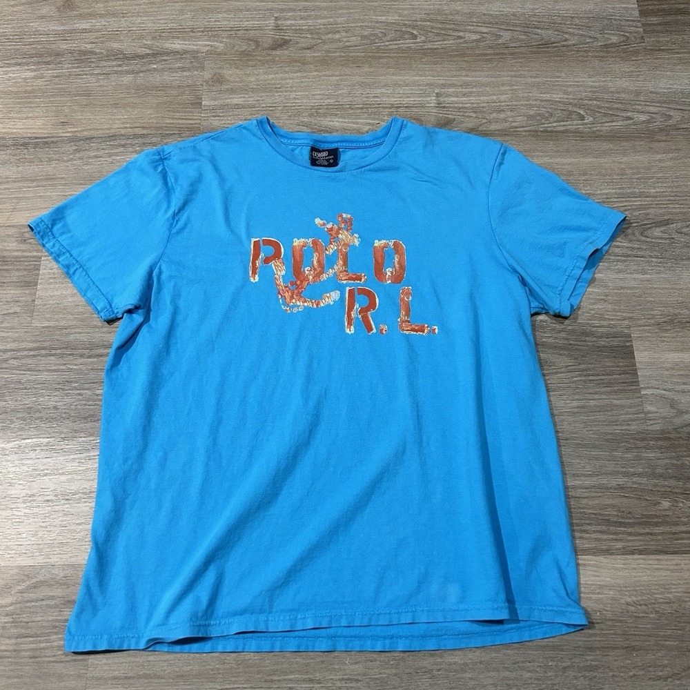 Vintage Polo Ralph Lauren Blue Costal Painted Graphic T Shirt Men's Size XL 90s